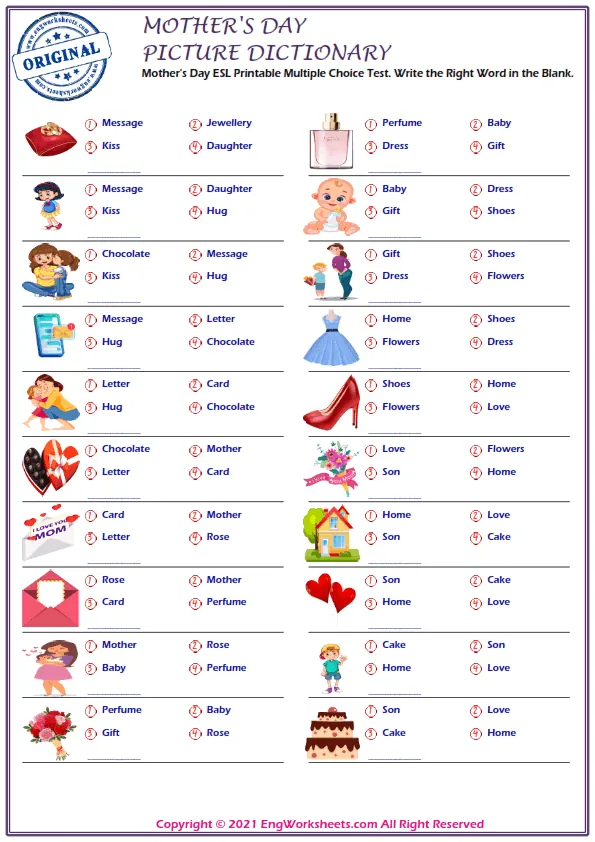 Mother's Day ESL Printable Multiple Choice Test. Write the Right Word in the Blank.