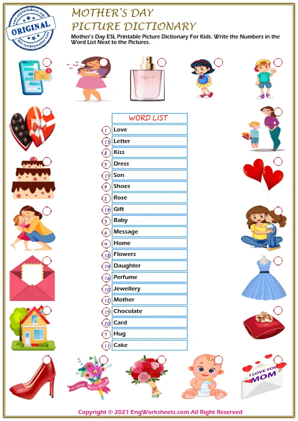 Mother's Day ESL Printable Picture Dictionary For Kids. Write the Numbers in the Word List Next to the Pictures.