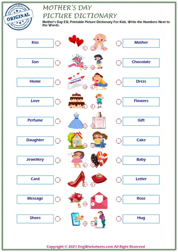 Mother's Day ESL Printable Picture Dictionary For Kids. Write the Numbers Next to the Words.