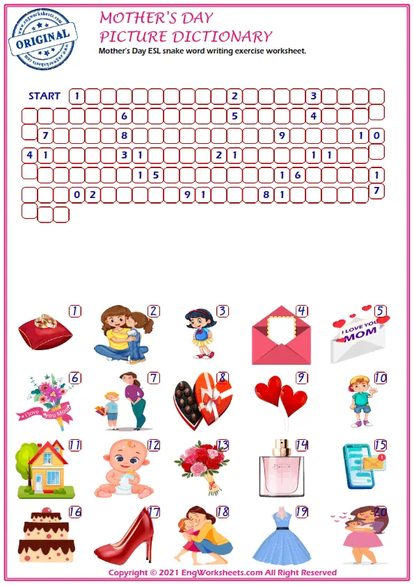 Mother's Day ESL snake word writing exercise worksheet.