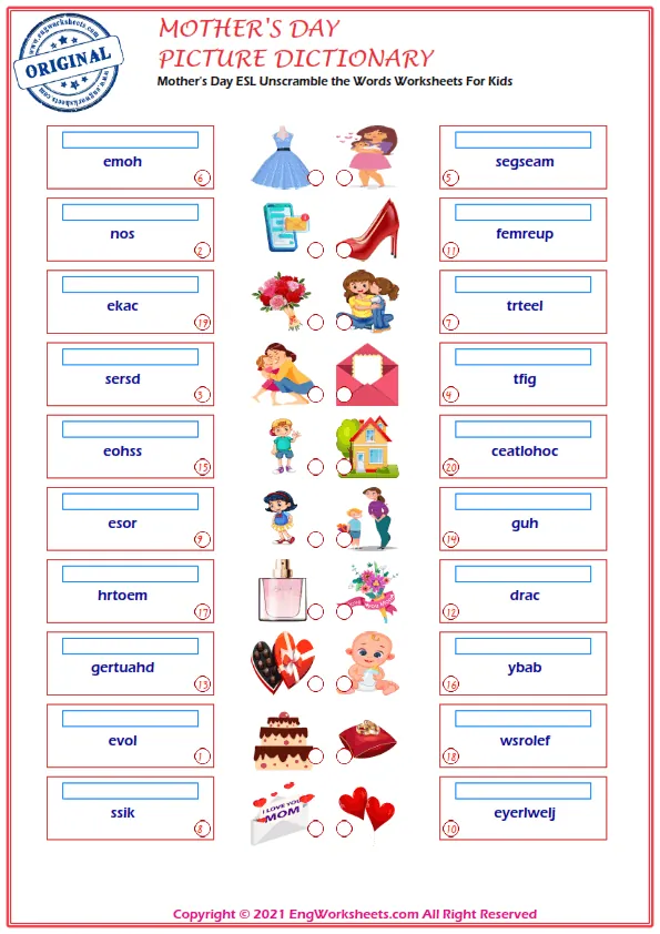 Mother's Day ESL Unscramble the Words Worksheets For Kids