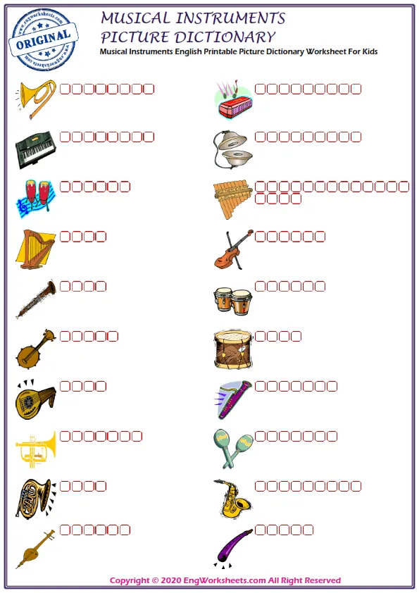 Musical Instruments English Printable Picture Dictionary Worksheet For Kids