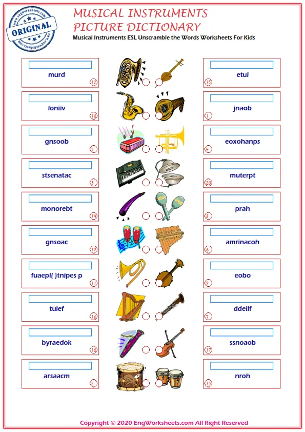 Musical Instruments ESL Unscramble the Words Worksheets For Kids