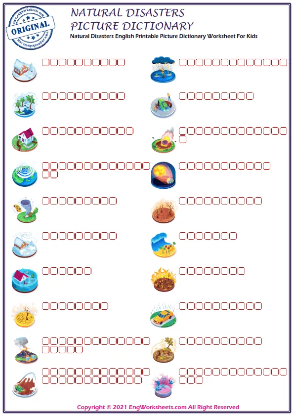 Natural Disasters English Printable Picture Dictionary Worksheet For Kids