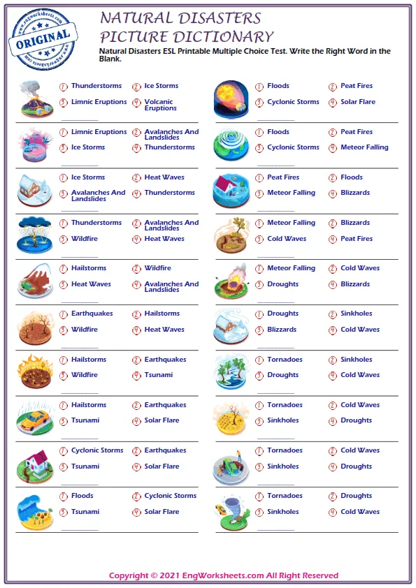 Natural Disasters ESL Printable Multiple Choice Test. Write the Right Word in the Blank.