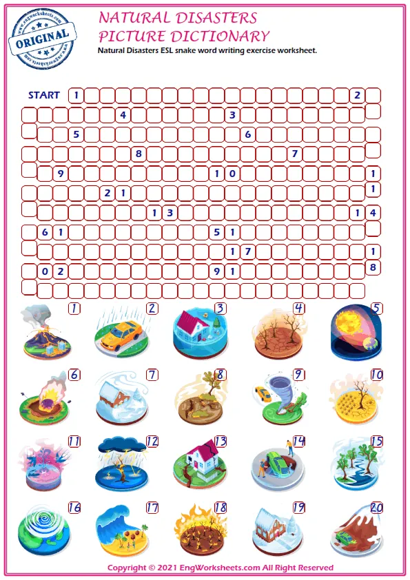 Natural Disasters ESL snake word writing exercise worksheet.