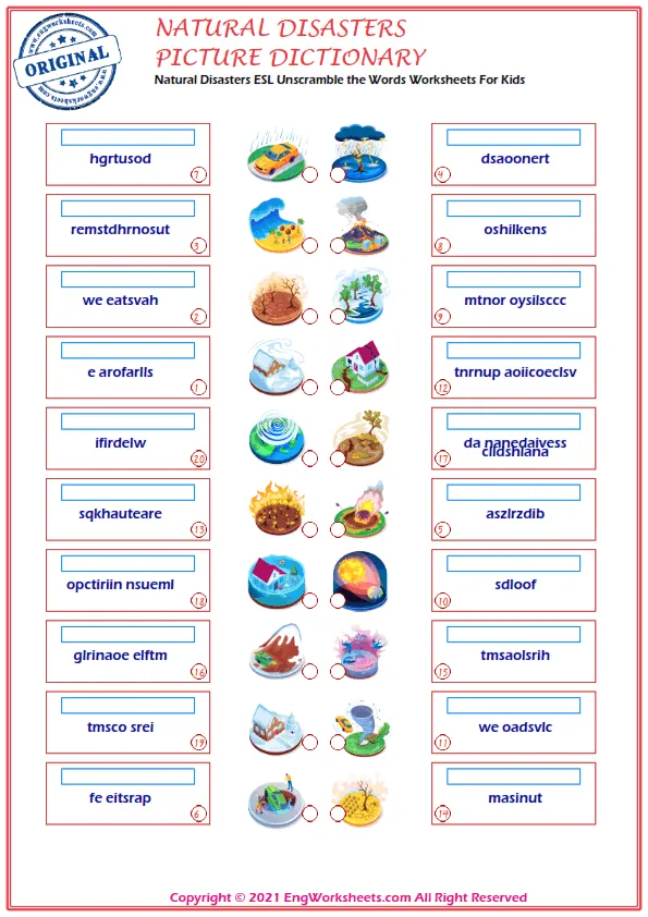 Natural Disasters ESL Unscramble the Words Worksheets For Kids