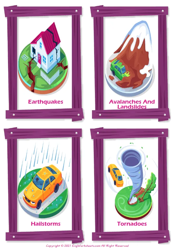 Wordless Natural Disasters vocabulary worksheet with four images per page