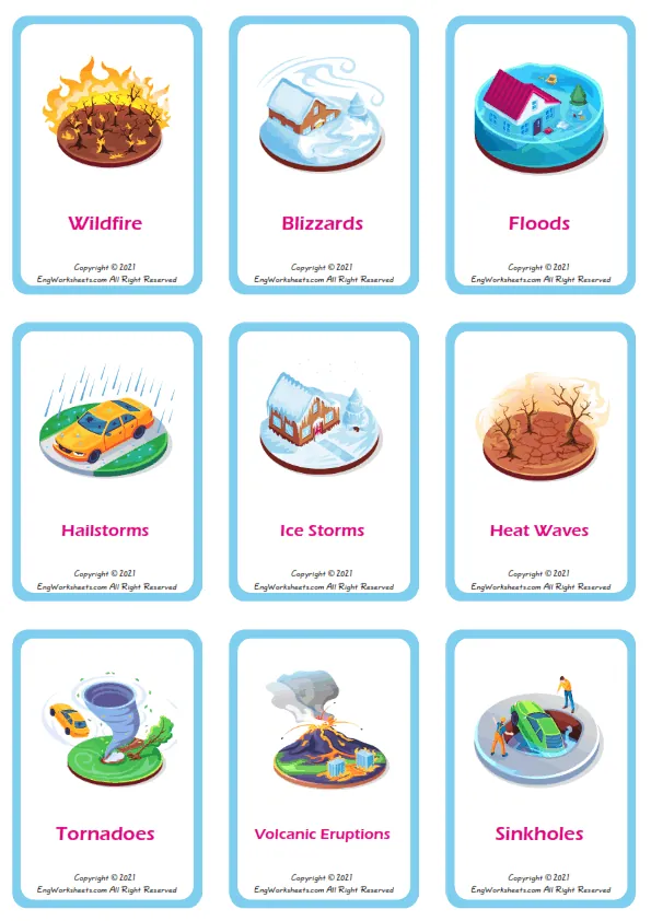 Natural Disasters vocabulary worksheet with words, nine images per page