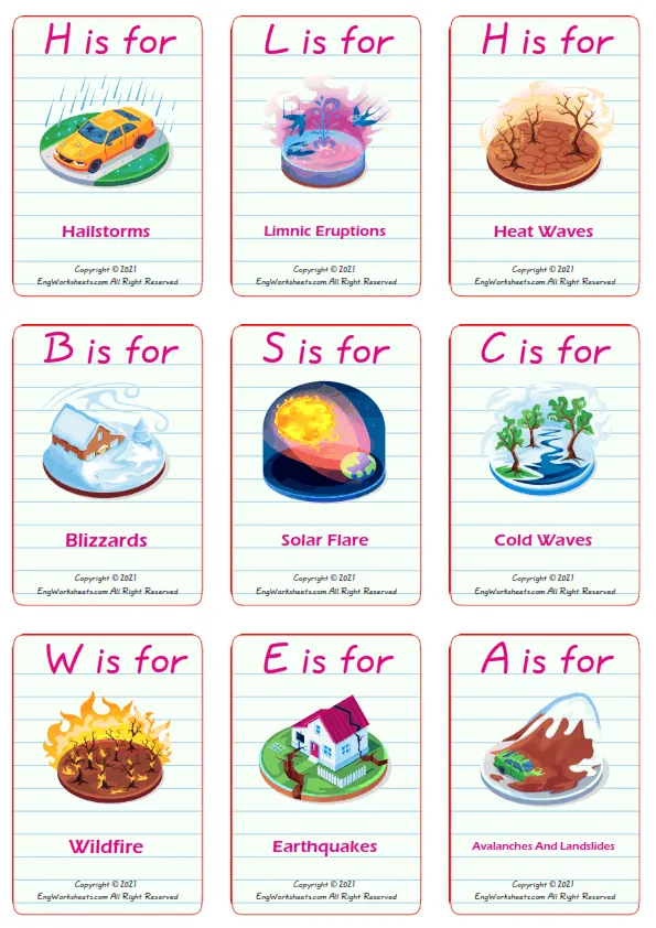 Natural Disasters vocabulary worksheet with words, nine images per page