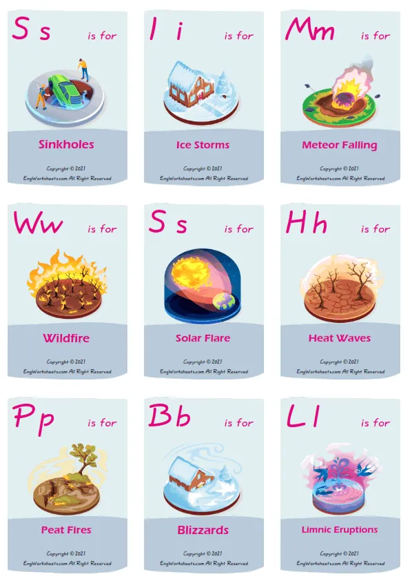 Natural Disasters vocabulary worksheet with words, six images per page