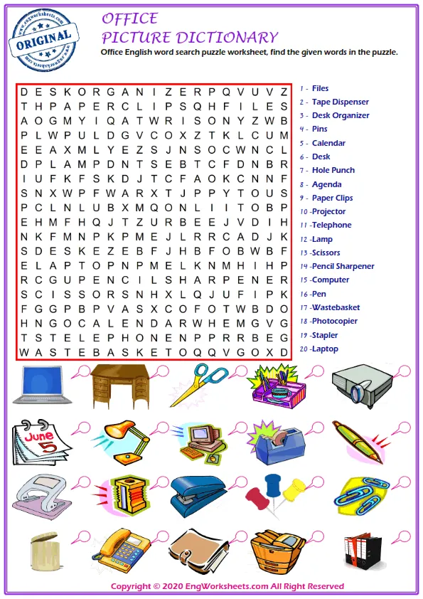 Office English word search puzzle worksheet, find the given words in the puzzle.