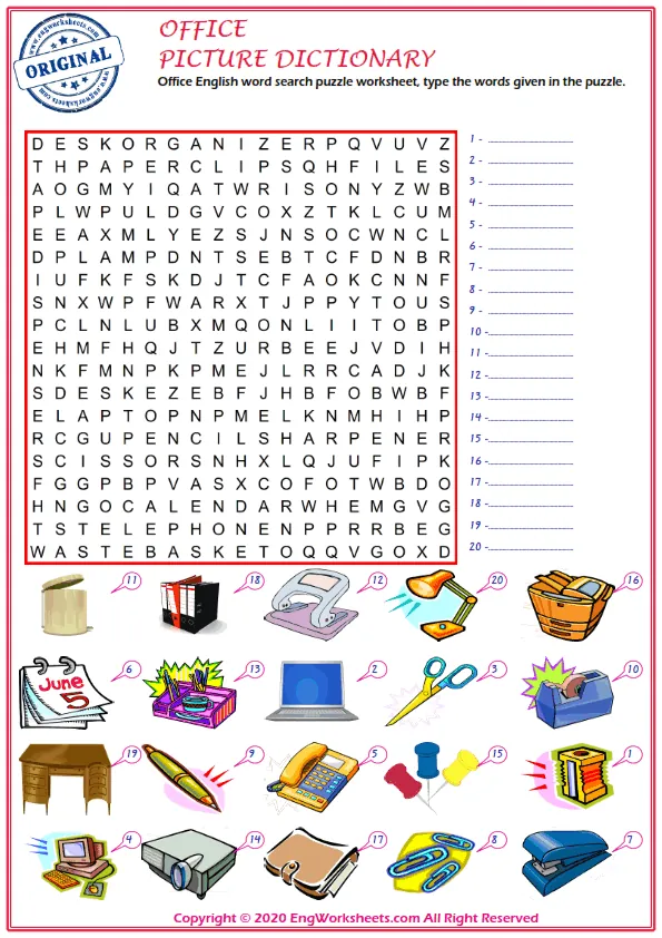 Office English word search puzzle worksheet, type the words given in the puzzle.