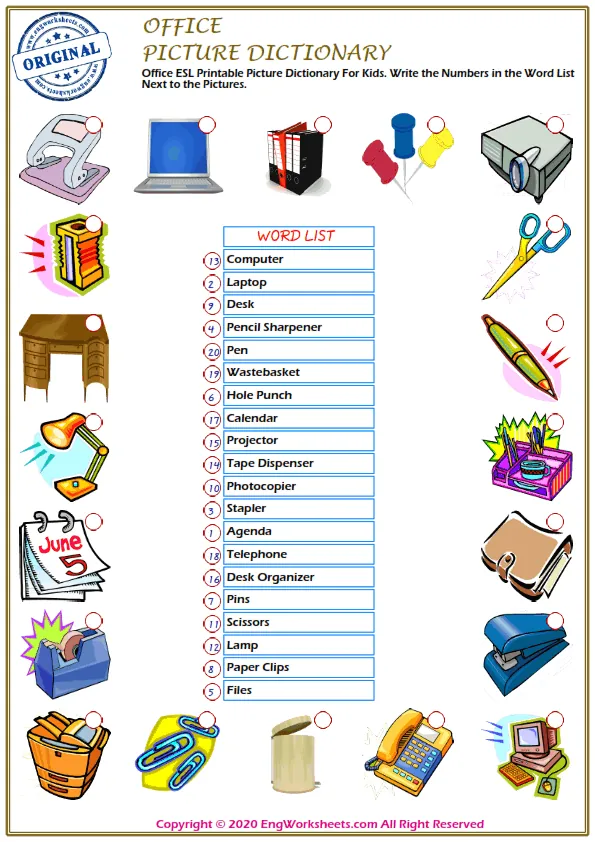 Office ESL Printable Picture Dictionary For Kids. Write the Numbers in the Word List Next to the Pictures.
