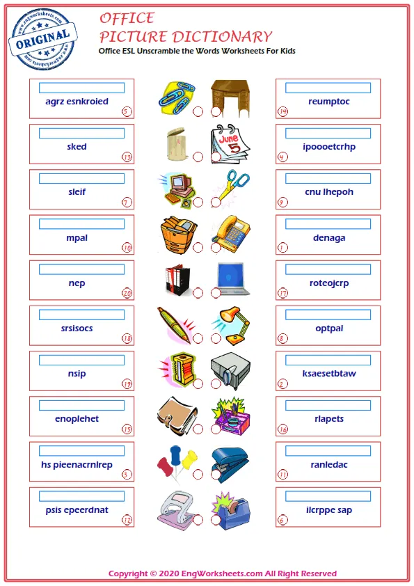 Office ESL Unscramble the Words Worksheets For Kids