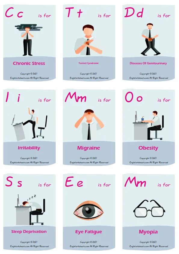 Office Syndrome vocabulary worksheet with words, nine images per page