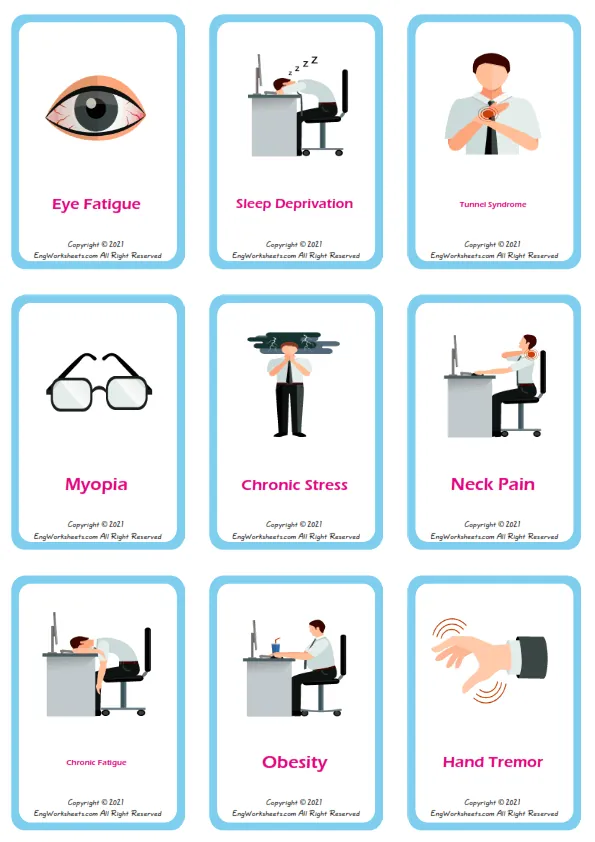 Office Syndrome vocabulary worksheet with words, nine images per page