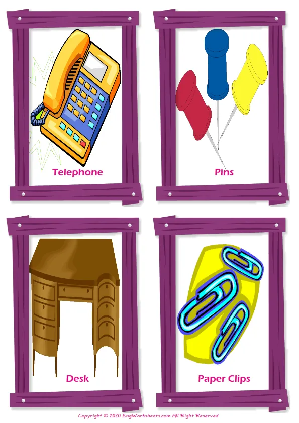 Office vocabulary worksheet with words, four images per page