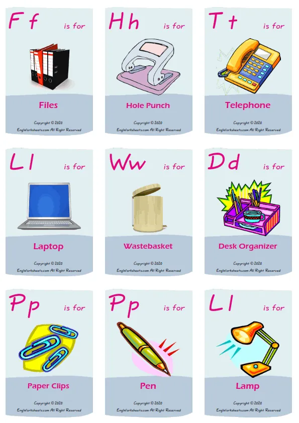 Office vocabulary worksheet with words, nine images per page