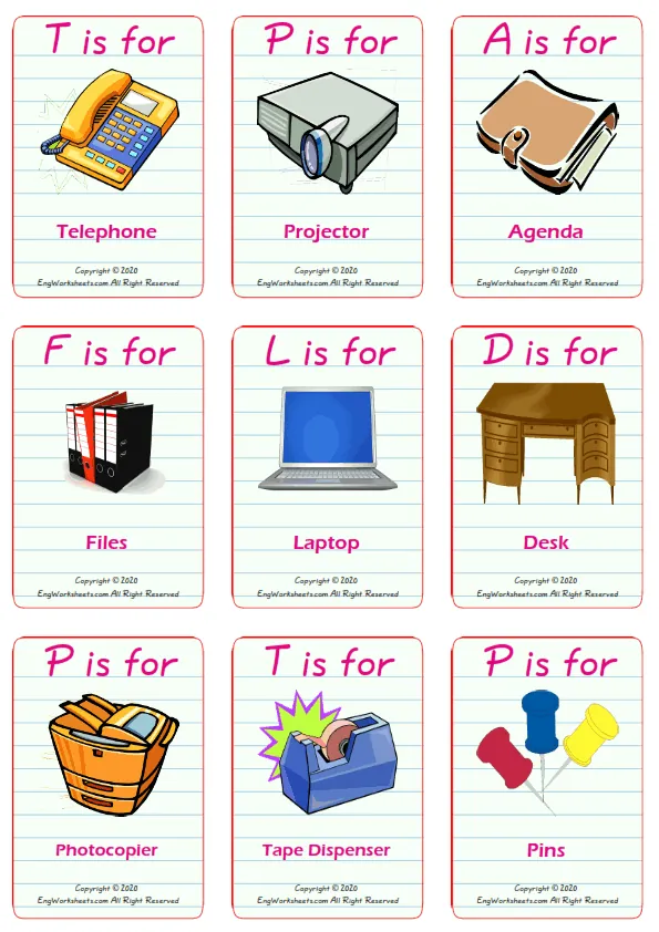Office vocabulary worksheet with words, nine images per page