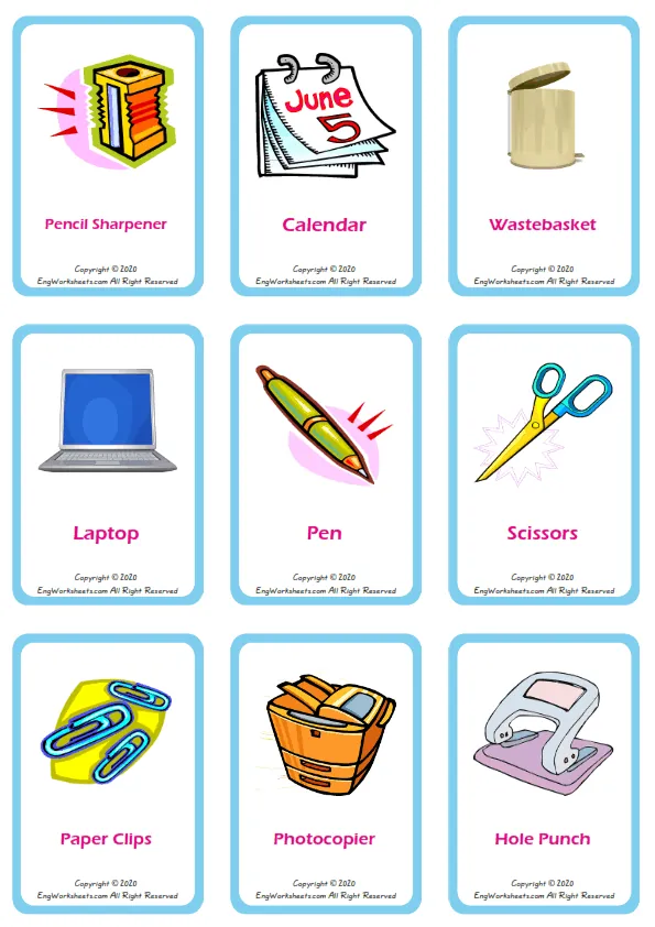 Office vocabulary worksheet with words, nine images per page