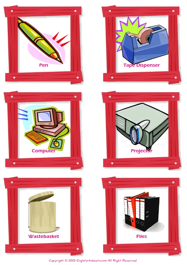 Office vocabulary worksheet with words, six images per page