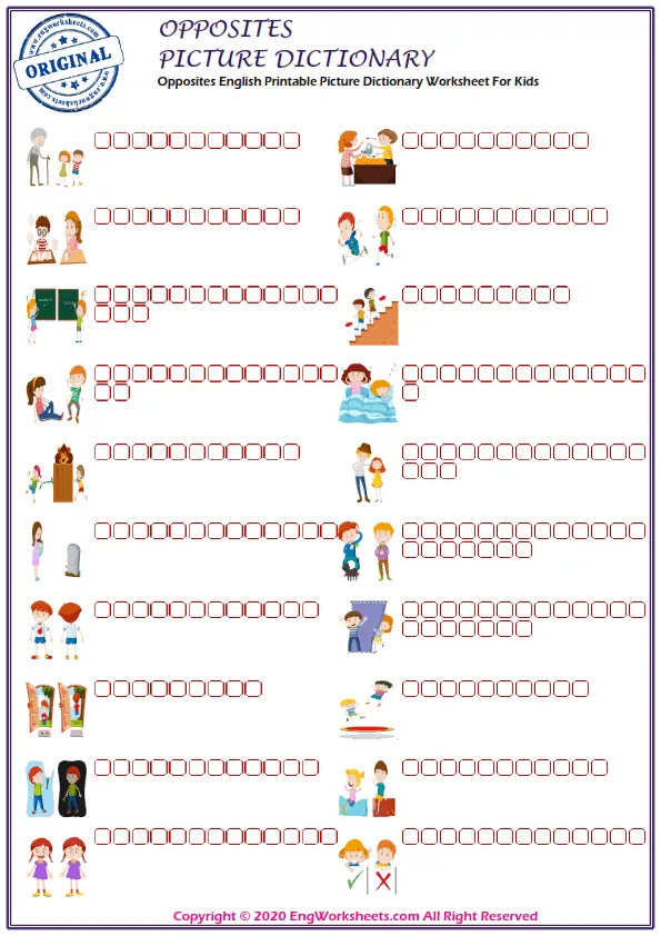 Opposites English Printable Picture Dictionary Worksheet For Kids