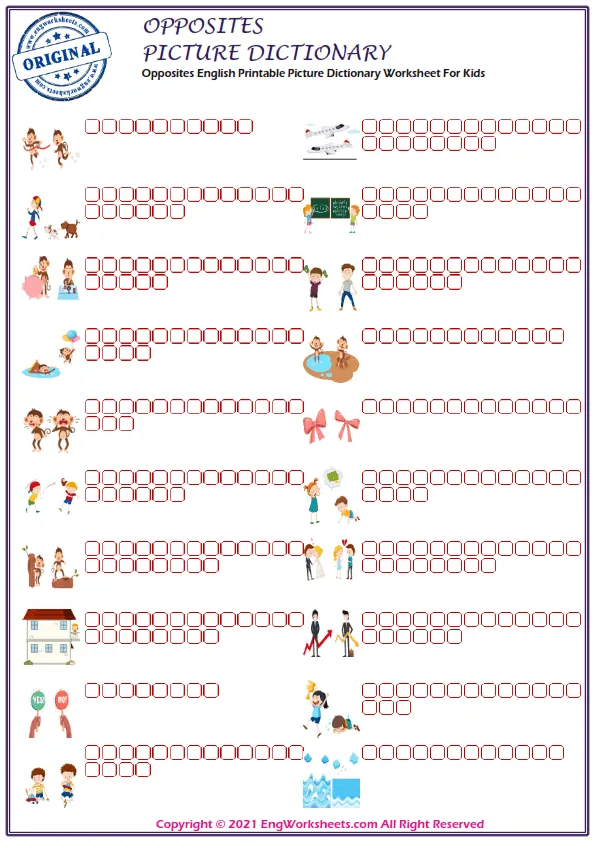 Opposites English Printable Picture Dictionary Worksheet For Kids