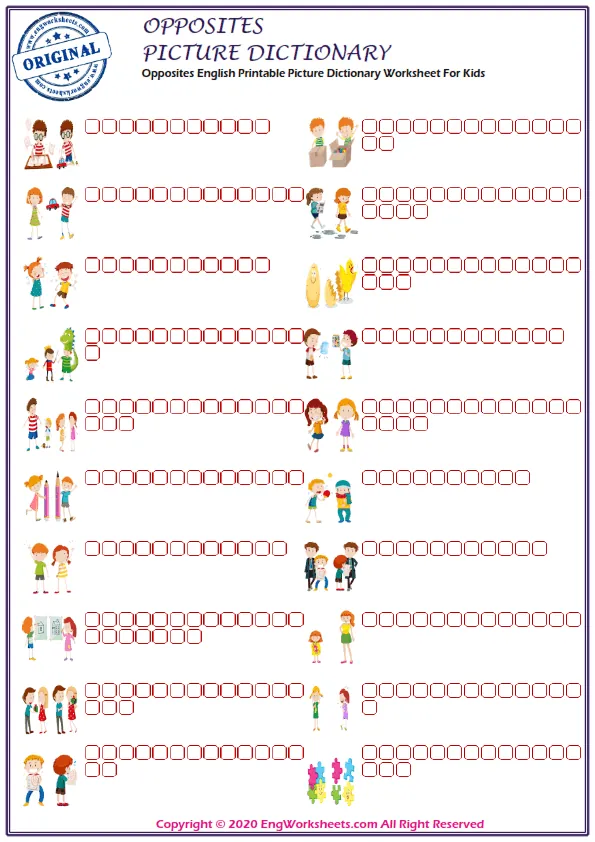 Opposites English Printable Picture Dictionary Worksheet For Kids