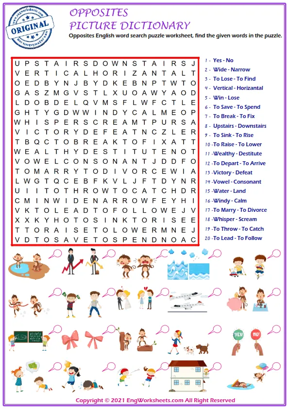 Opposites English word search puzzle worksheet, find the given words in the puzzle.