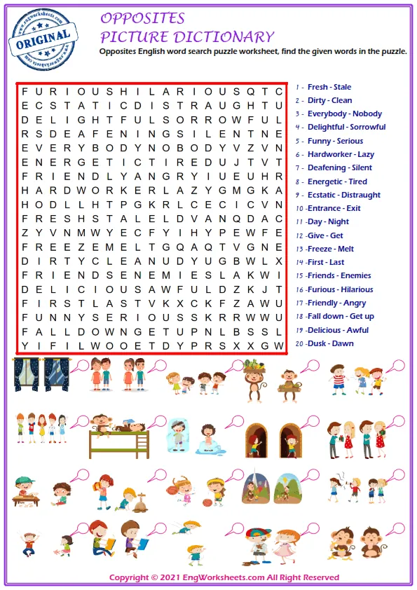 Opposites English word search puzzle worksheet, find the given words in the puzzle.