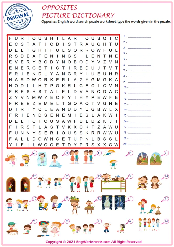 Opposites English word search puzzle worksheet, type the words given in the puzzle.