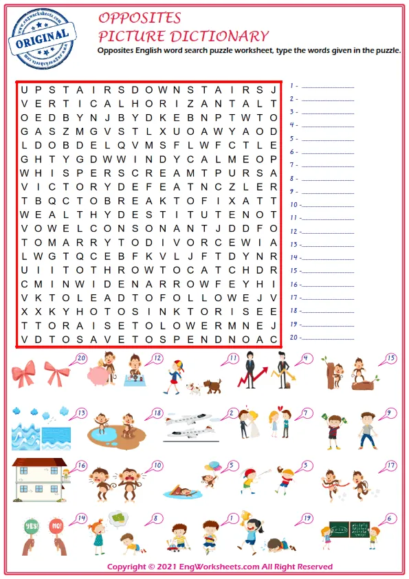 Opposites English word search puzzle worksheet, type the words given in the puzzle.