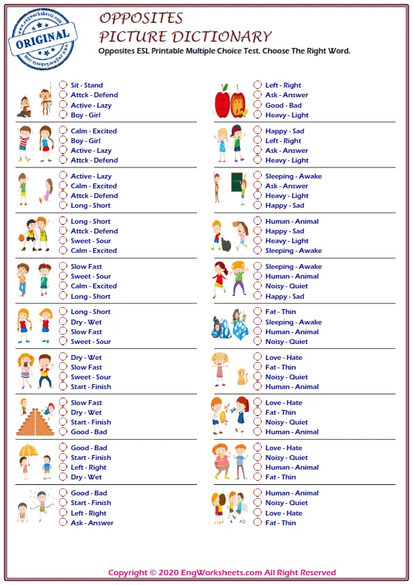 Opposites ESL Printable Multiple Choice Test. Choose The Right Word.