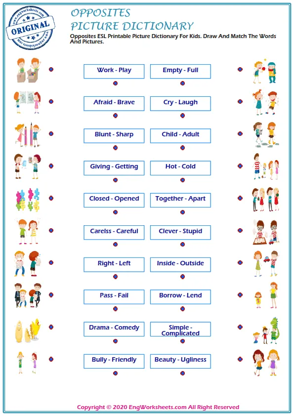 Opposites ESL Printable Picture Dictionary For Kids. Draw And Match The Words And Pictures.