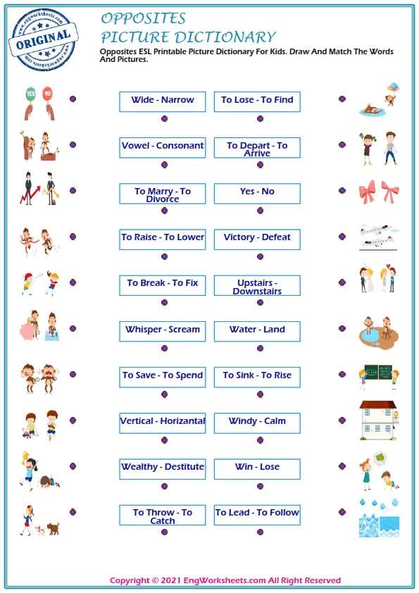 Opposites ESL Printable Picture Dictionary For Kids. Draw And Match The Words And Pictures.