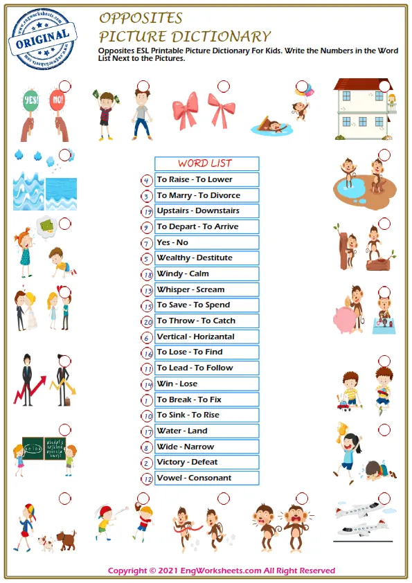 Opposites ESL Printable Picture Dictionary For Kids. Write the Numbers in the Word List Next to the Pictures.