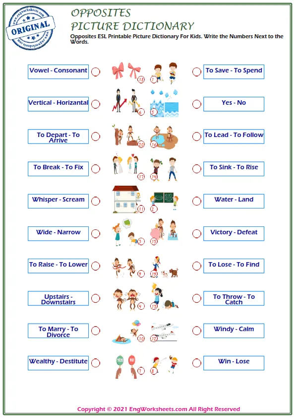 Opposites ESL Printable Picture Dictionary For Kids. Write the Numbers Next to the Words.