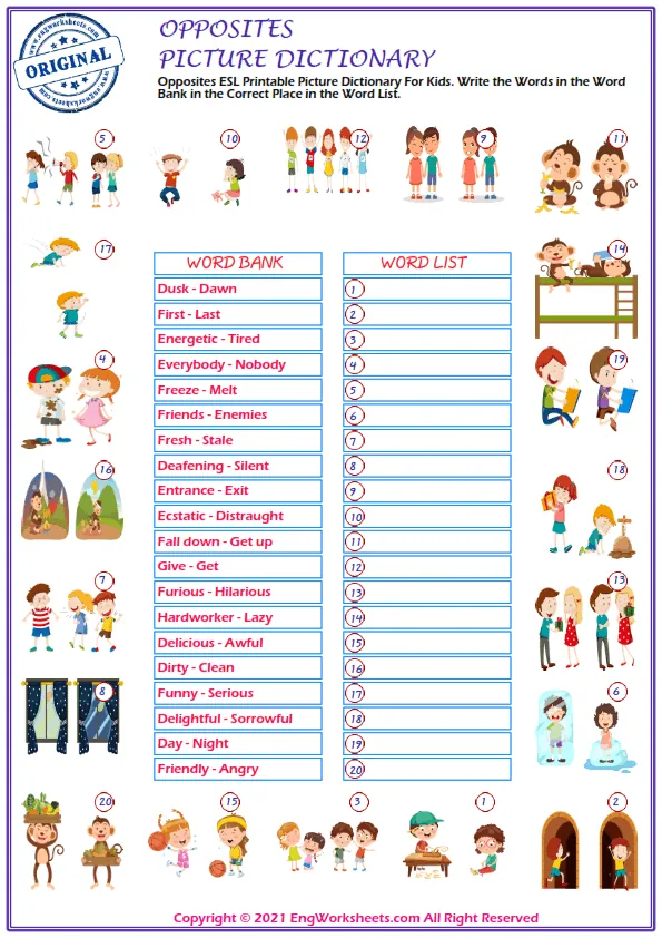 Opposites ESL Printable Picture Dictionary For Kids. Write the Words in the Word Bank in the Correct Place in the Word List.
