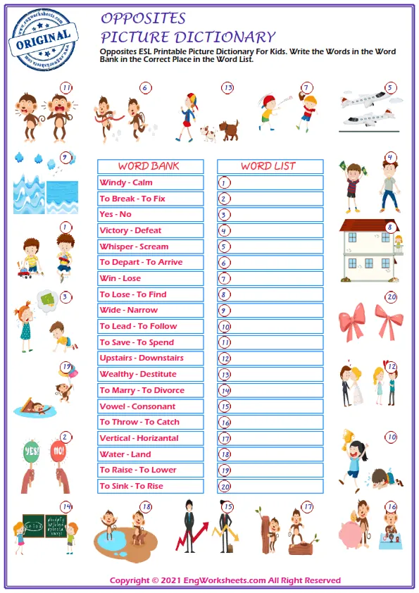 Opposites ESL Printable Picture Dictionary For Kids. Write the Words in the Word Bank in the Correct Place in the Word List.