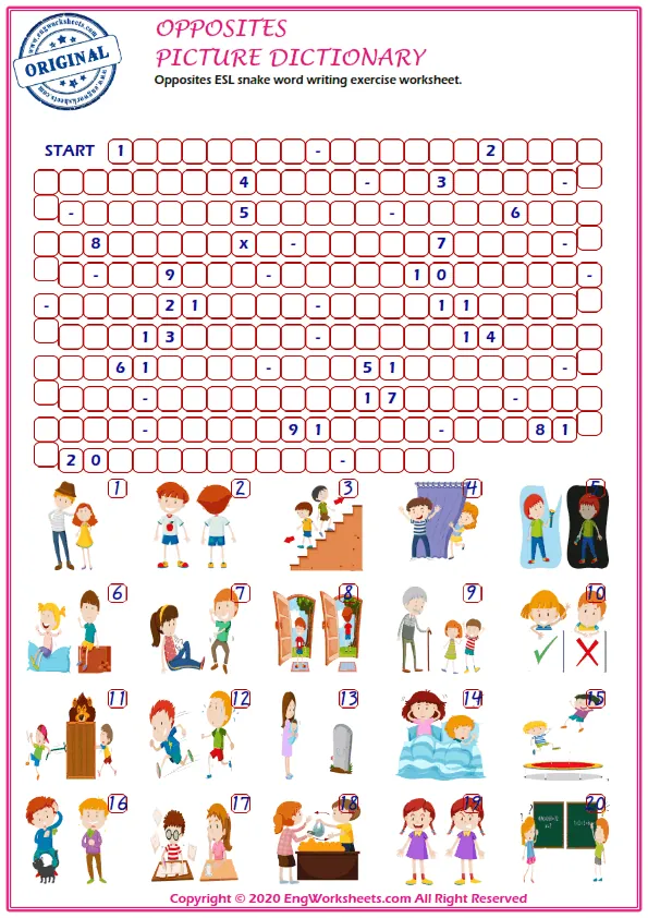 Opposites ESL snake word writing exercise worksheet.