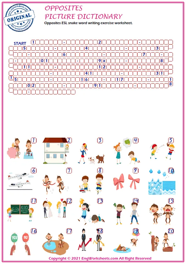 Opposites ESL snake word writing exercise worksheet.