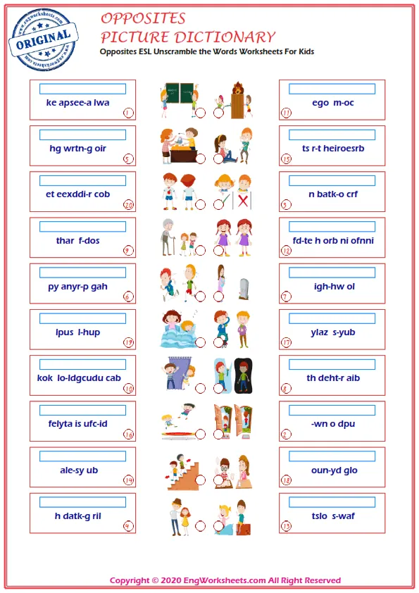 Opposites ESL Unscramble the Words Worksheets For Kids