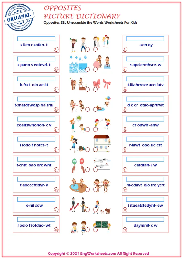 Opposites ESL Unscramble the Words Worksheets For Kids