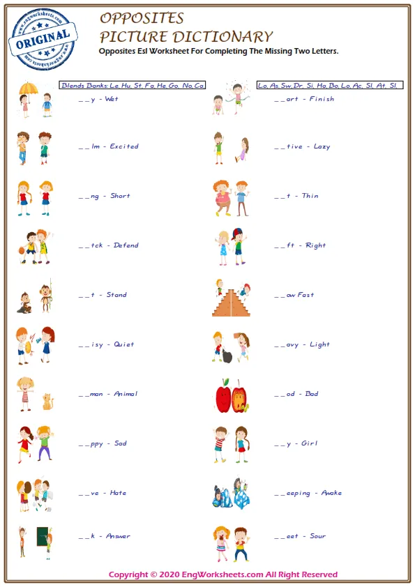 Opposites Esl Worksheet For Completing The Missing Two Letters.