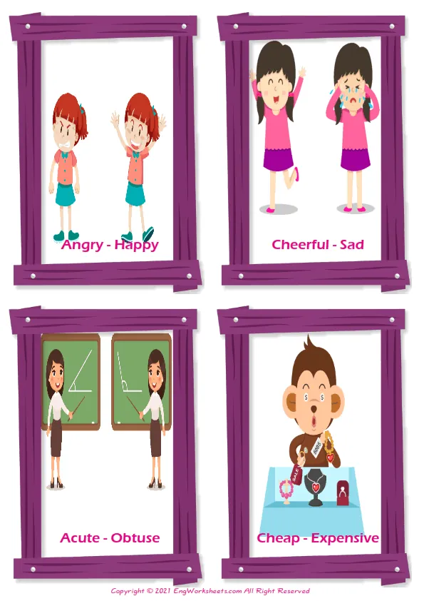Opposites vocabulary worksheet with words, four images per page