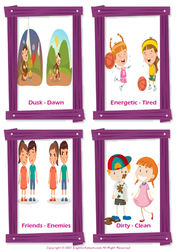 Opposites vocabulary worksheet with words, four images per page