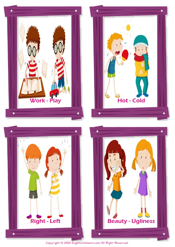 Opposites vocabulary worksheet with words, four images per page