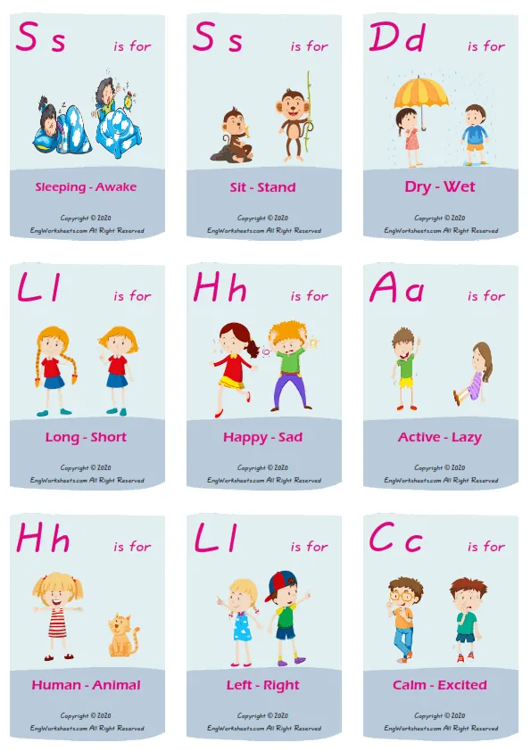 Opposites vocabulary worksheet with words, nine images per page