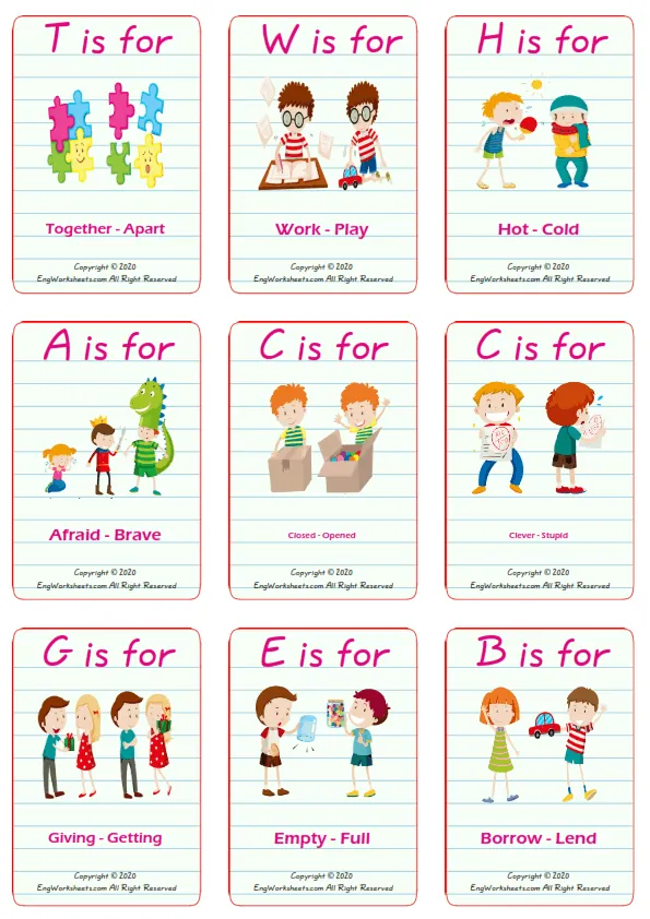 Opposites vocabulary worksheet with words, nine images per page